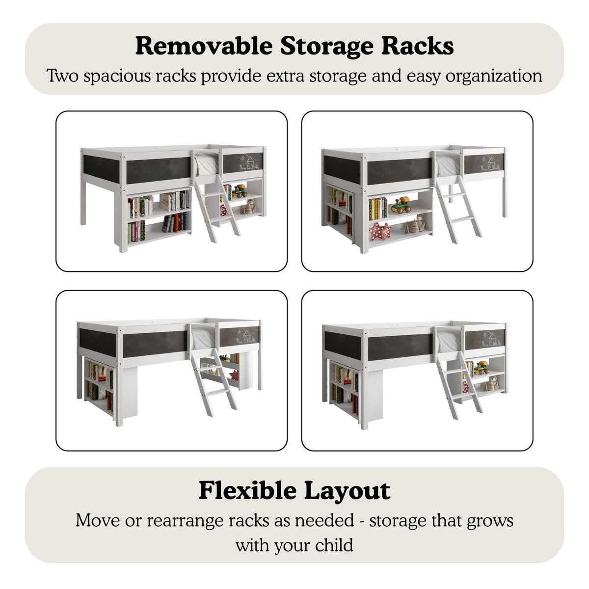 Low Loft Bed with Storage Shelves and Chalkboard Panels