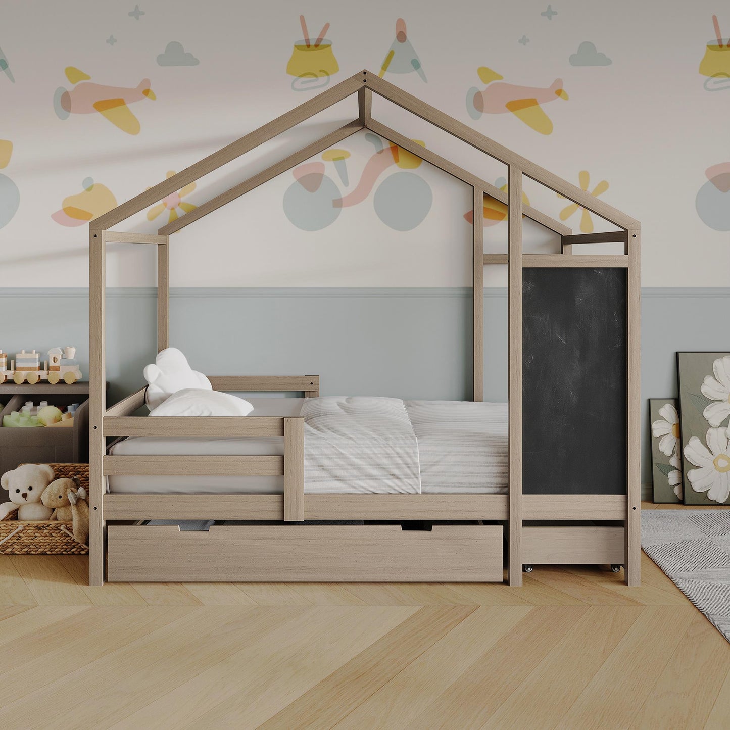 Wooden Canopy Bed with Storage Drawers and Chalkboard