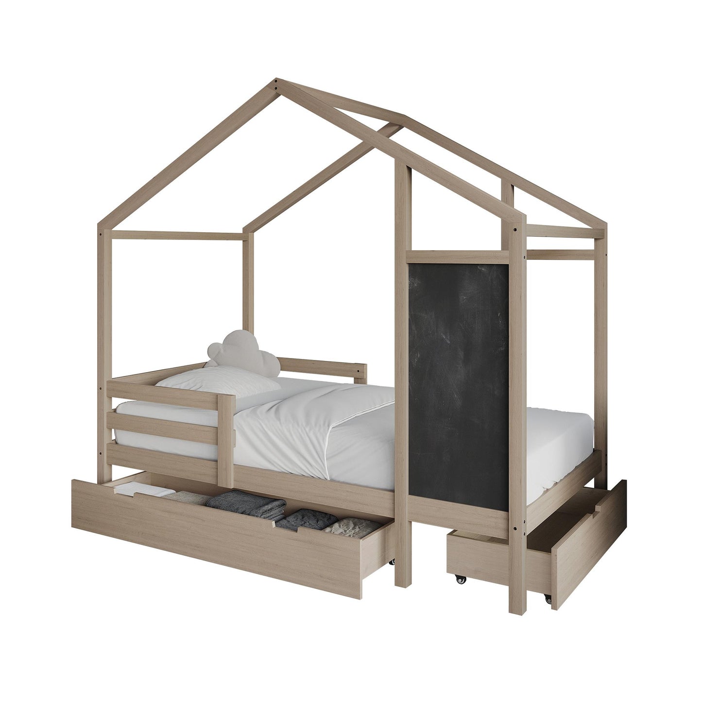 Wooden Canopy Bed with Storage Drawers and Chalkboard