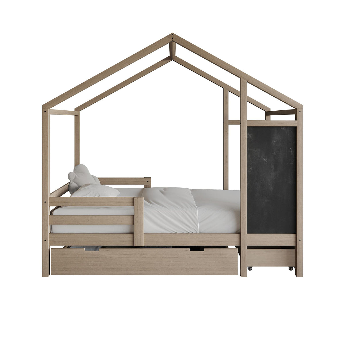 Wooden Canopy Bed with Storage Drawers and Chalkboard