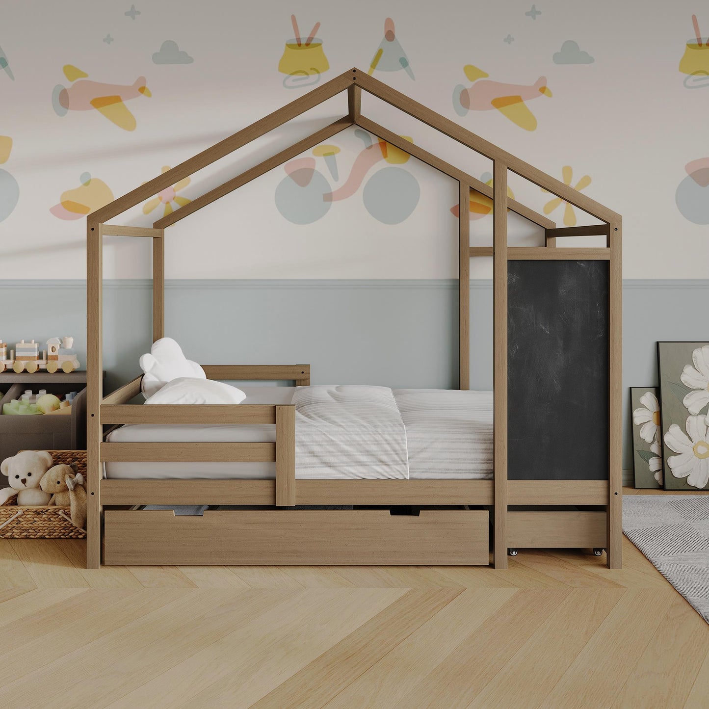 Wooden Canopy Bed with Storage Drawers and Chalkboard