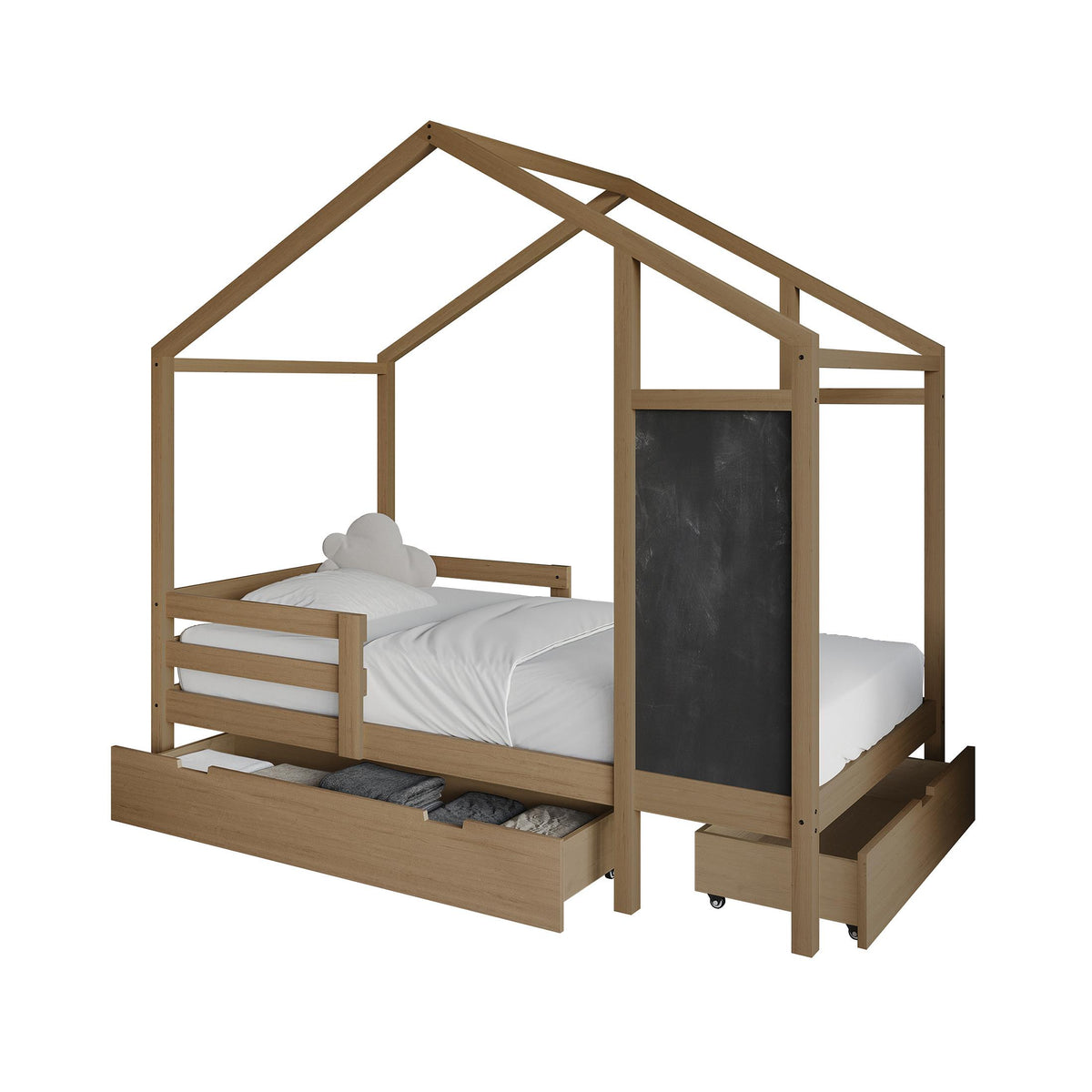 Wooden Canopy Bed with Storage Drawers and Chalkboard