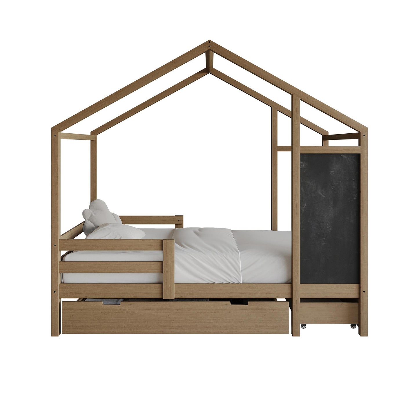 Wooden Canopy Bed with Storage Drawers and Chalkboard