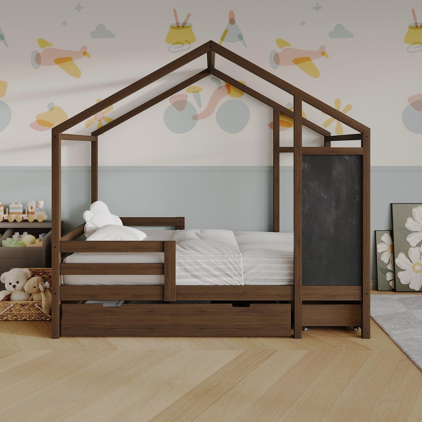 Wooden Canopy Bed with Storage Drawers and Chalkboard