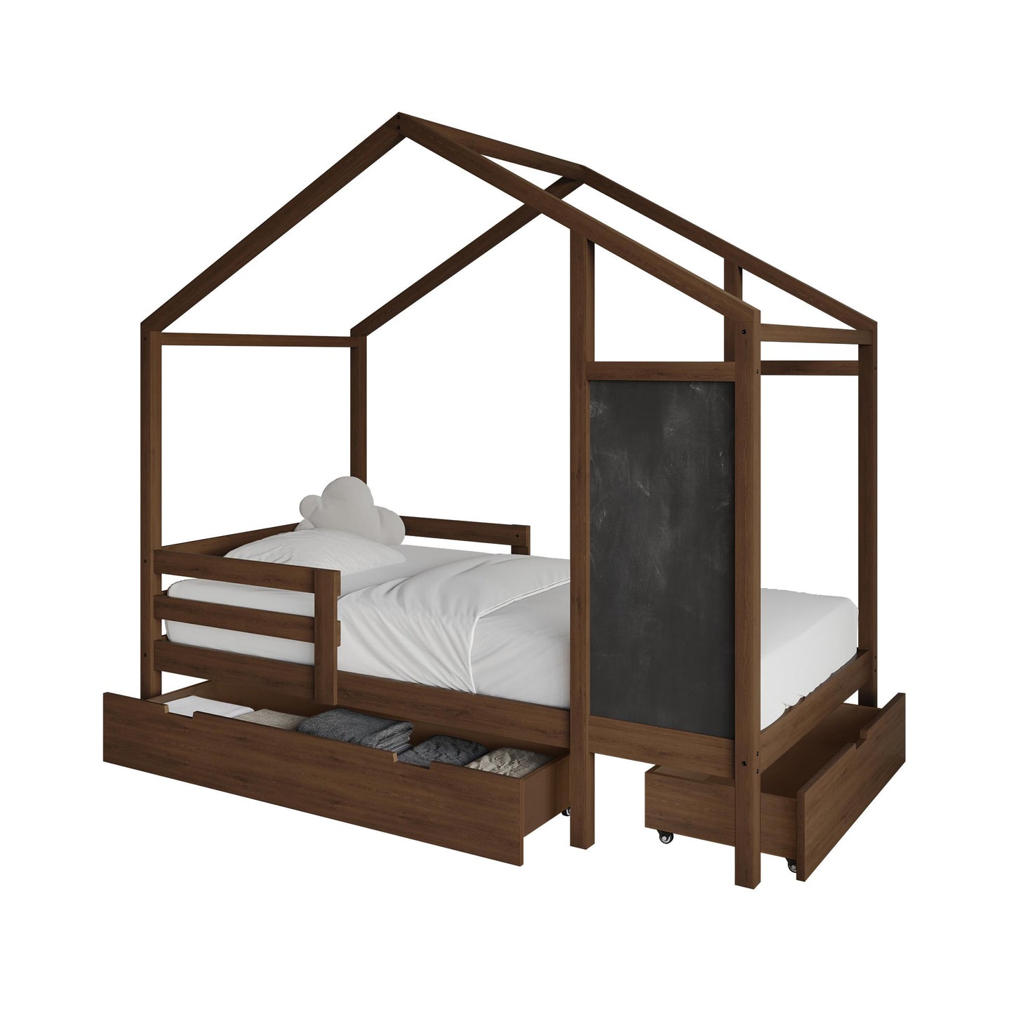 Wooden Canopy Bed with Storage Drawers and Chalkboard