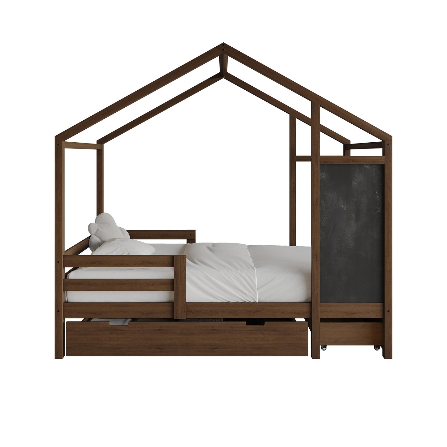Wooden Canopy Bed with Storage Drawers and Chalkboard