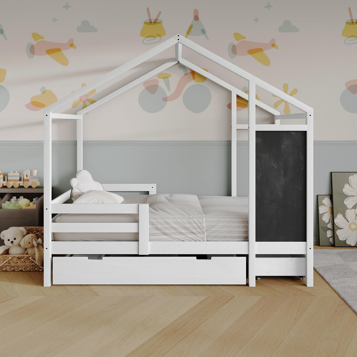 Wooden Canopy Bed with Storage Drawers and Chalkboard