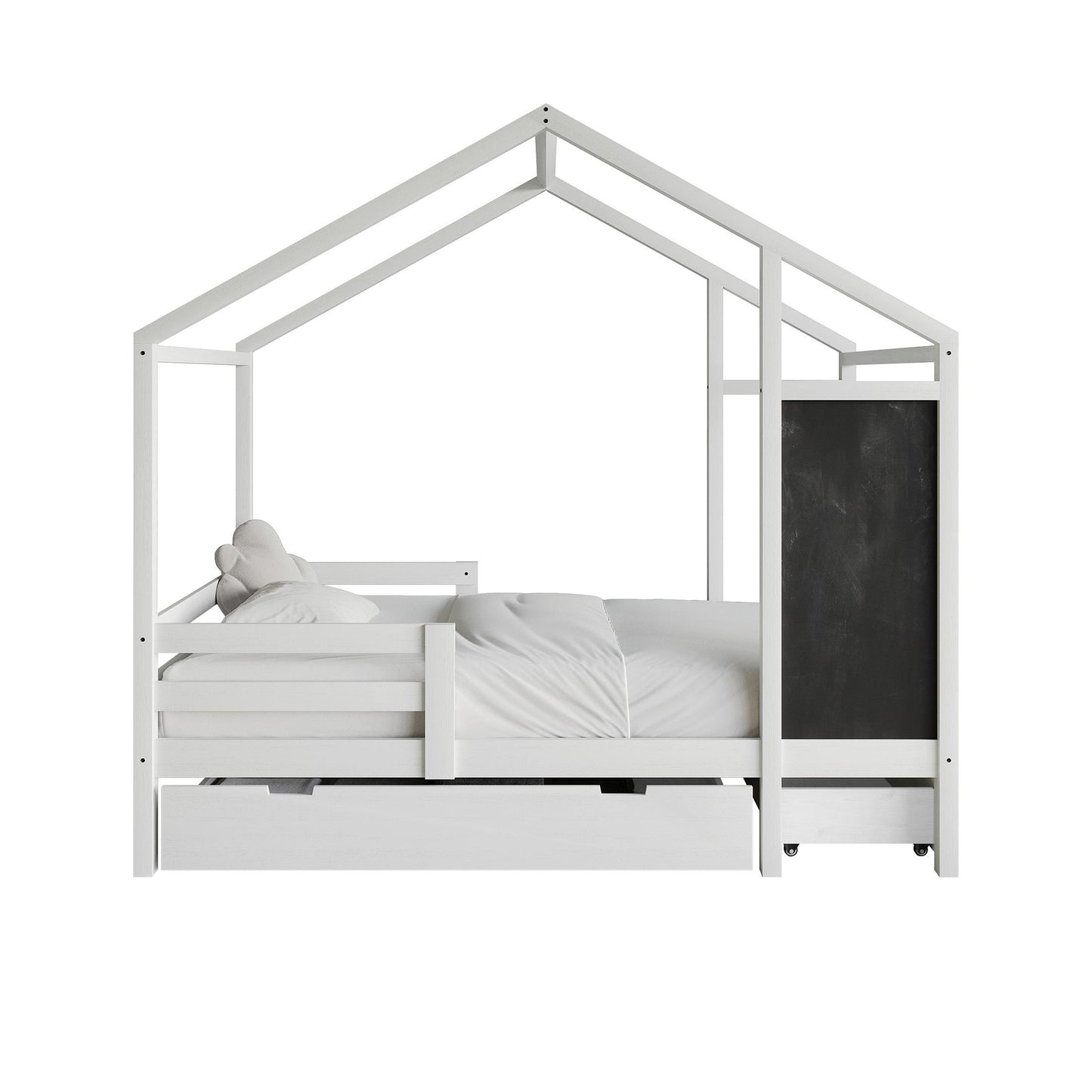 Wooden Canopy Bed with Storage Drawers and Chalkboard