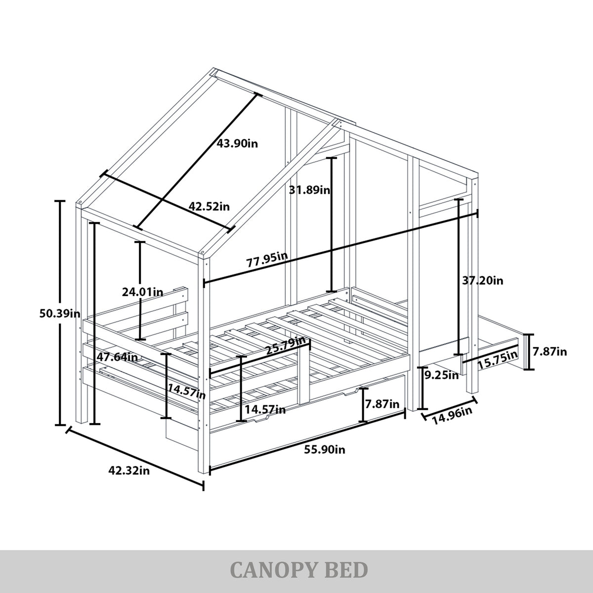 Wooden Canopy Bed with Storage Drawers and Chalkboard