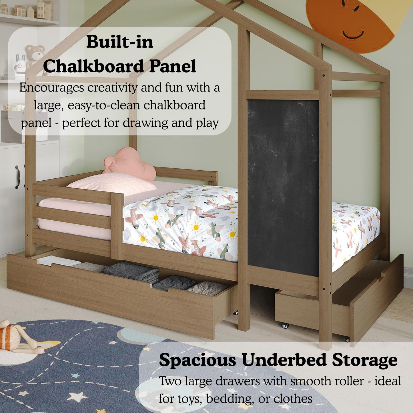 Wooden Canopy Bed with Storage Drawers and Chalkboard
