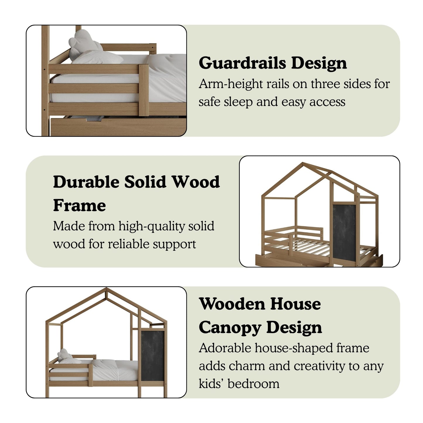 Wooden Canopy Bed with Storage Drawers and Chalkboard