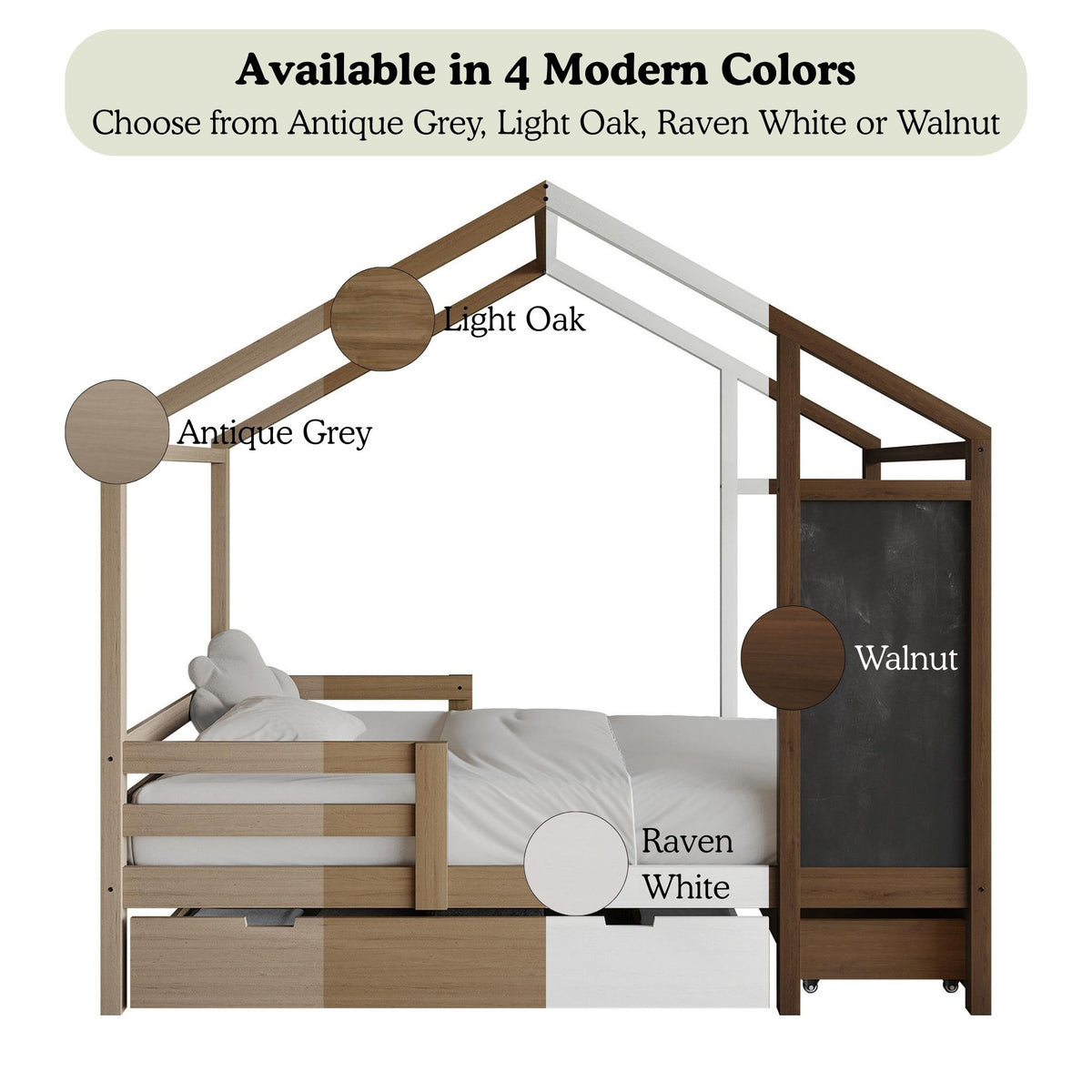 Wooden Canopy Bed with Storage Drawers and Chalkboard