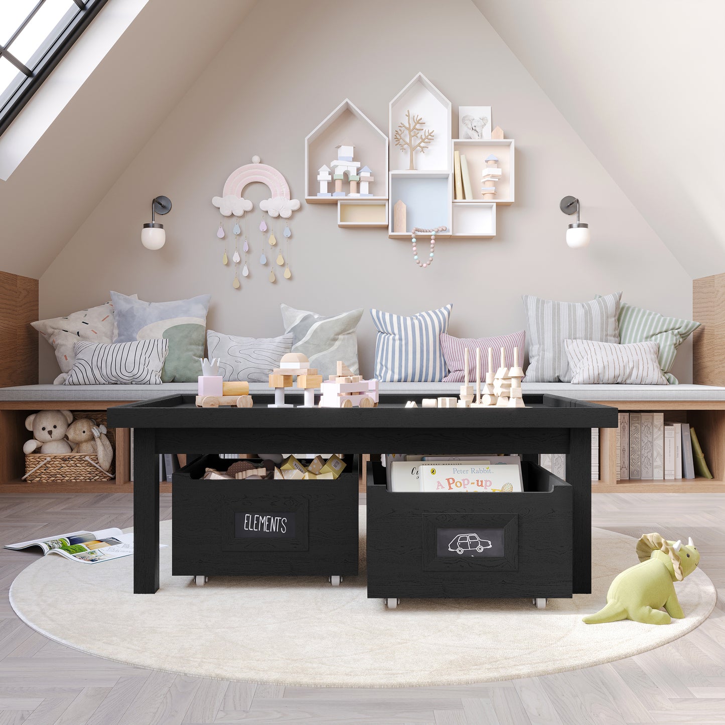 Wooden Kids Activity Table with Storage Drawers and Chalkboard Design