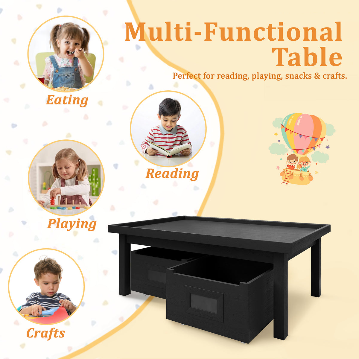 Wooden Kids Activity Table with Storage Drawers and Chalkboard Design