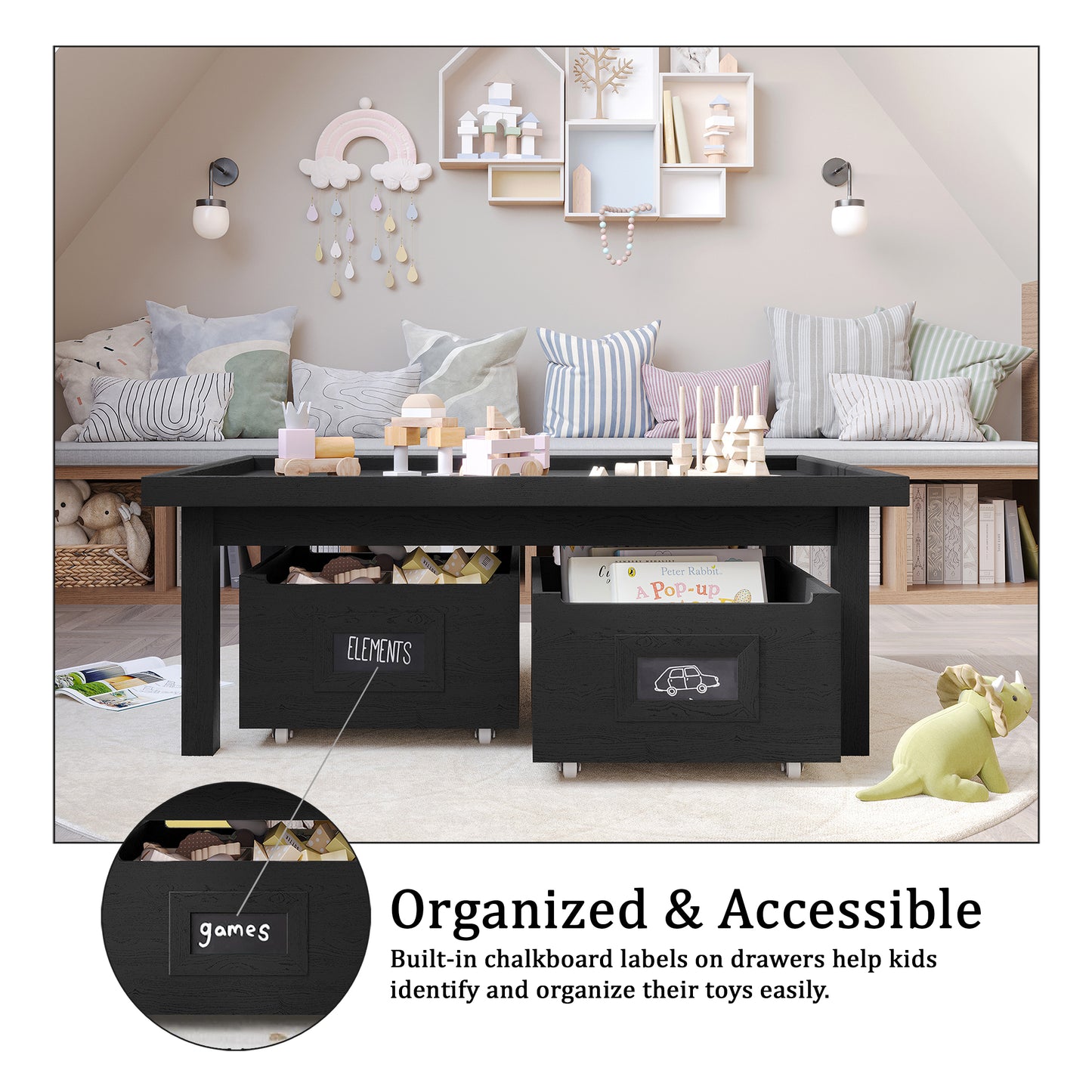 Wooden Kids Activity Table with Storage Drawers and Chalkboard Design