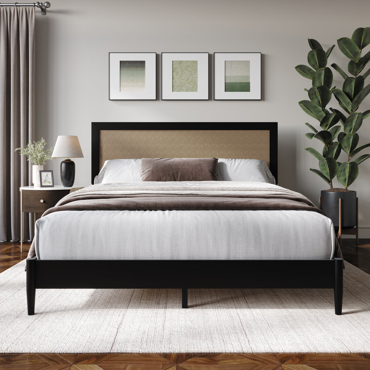 Wood Platform Bed with Cane Headboard