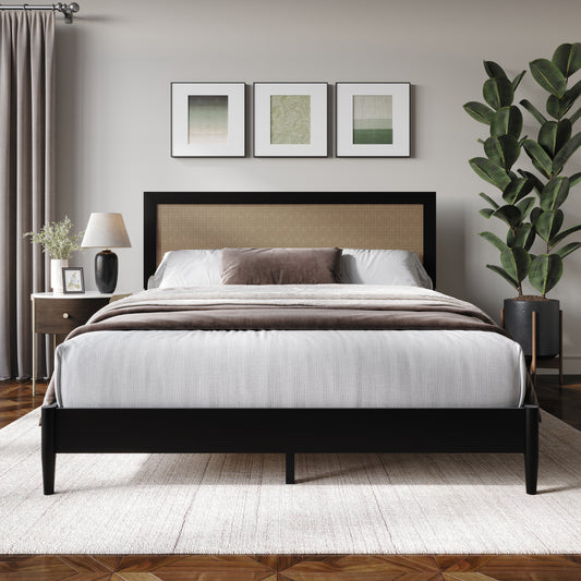 Wood Platform Bed with Cane Headboard