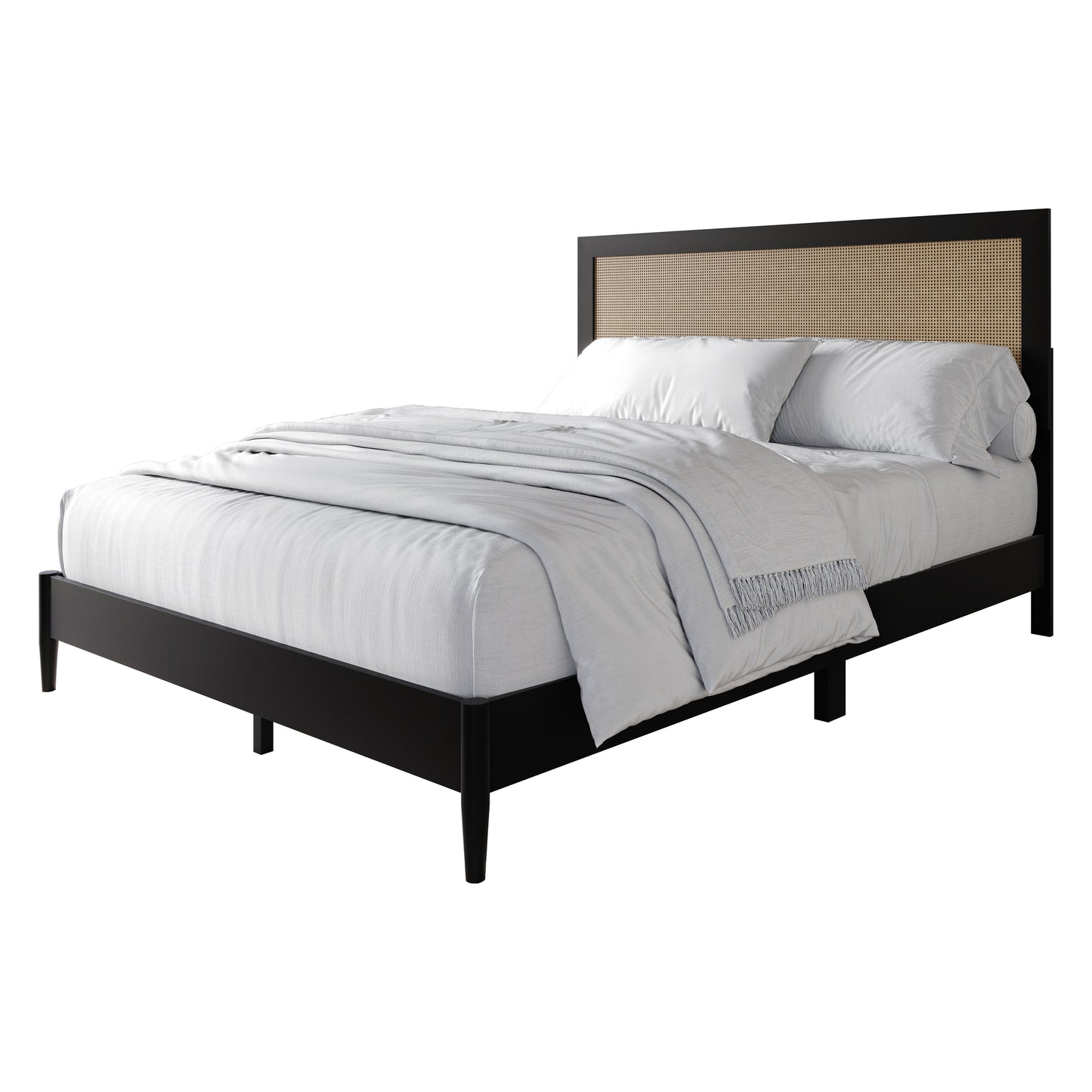 Wood Platform Bed with Cane Headboard