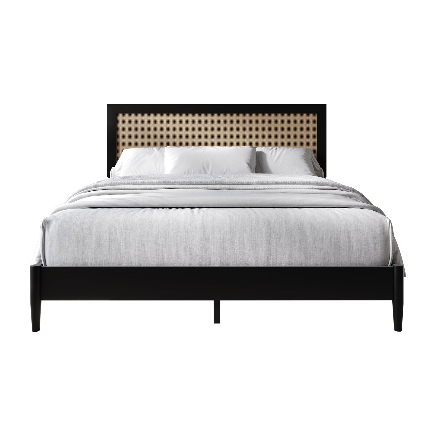 Wood Platform Bed with Cane Headboard