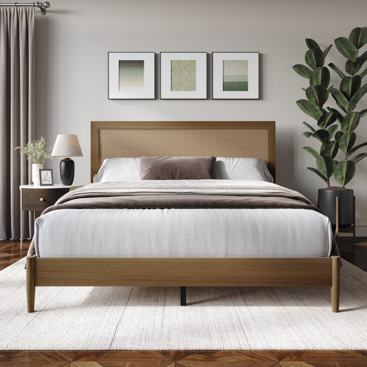 Wood Platform Bed with Cane Headboard
