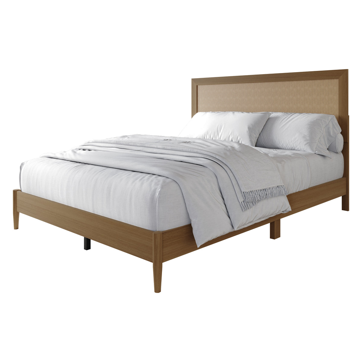 Wood Platform Bed with Cane Headboard