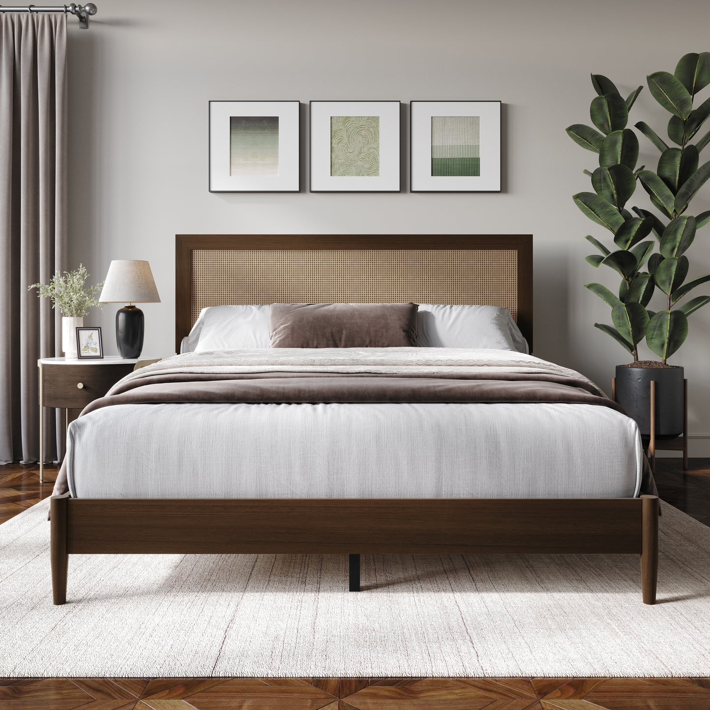 Wood Platform Bed with Cane Headboard