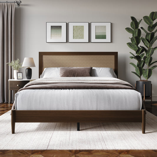 Wood Platform Bed with Cane Headboard
