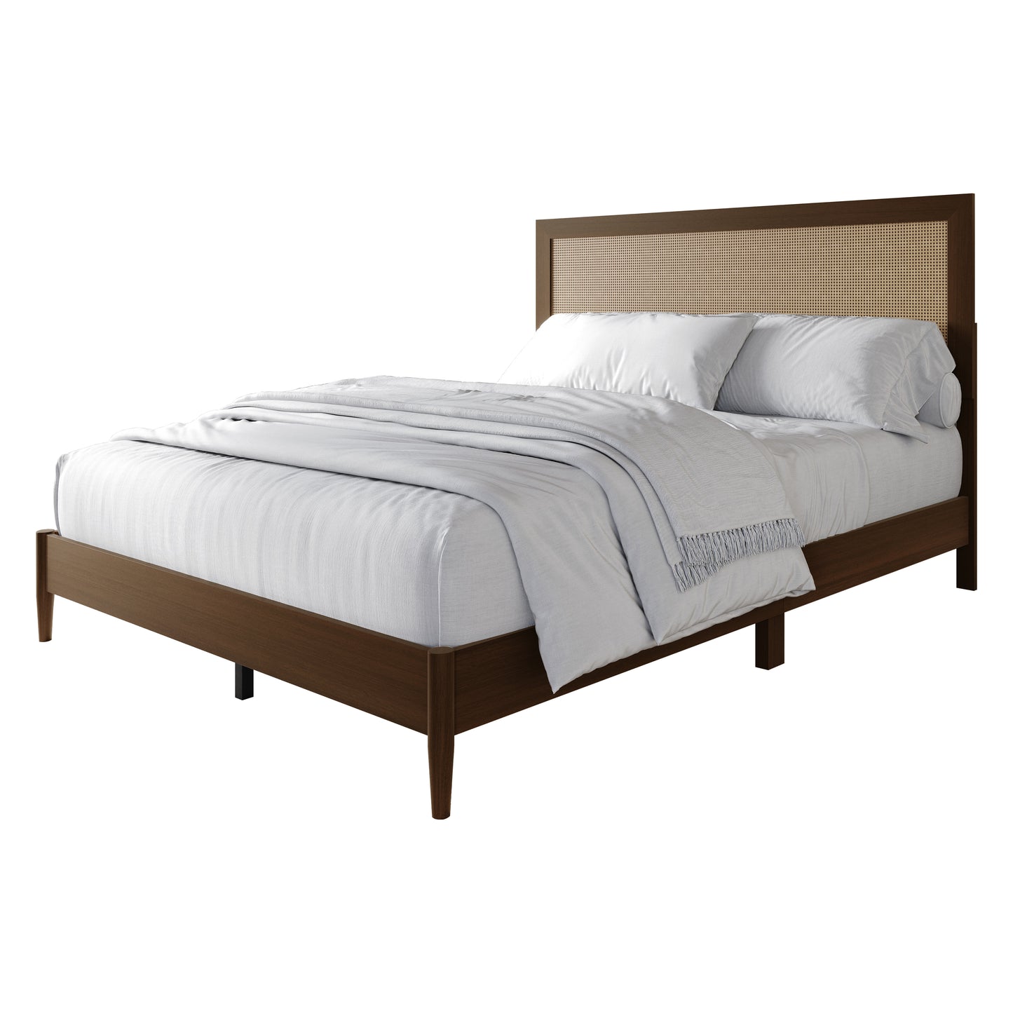Wood Platform Bed with Cane Headboard