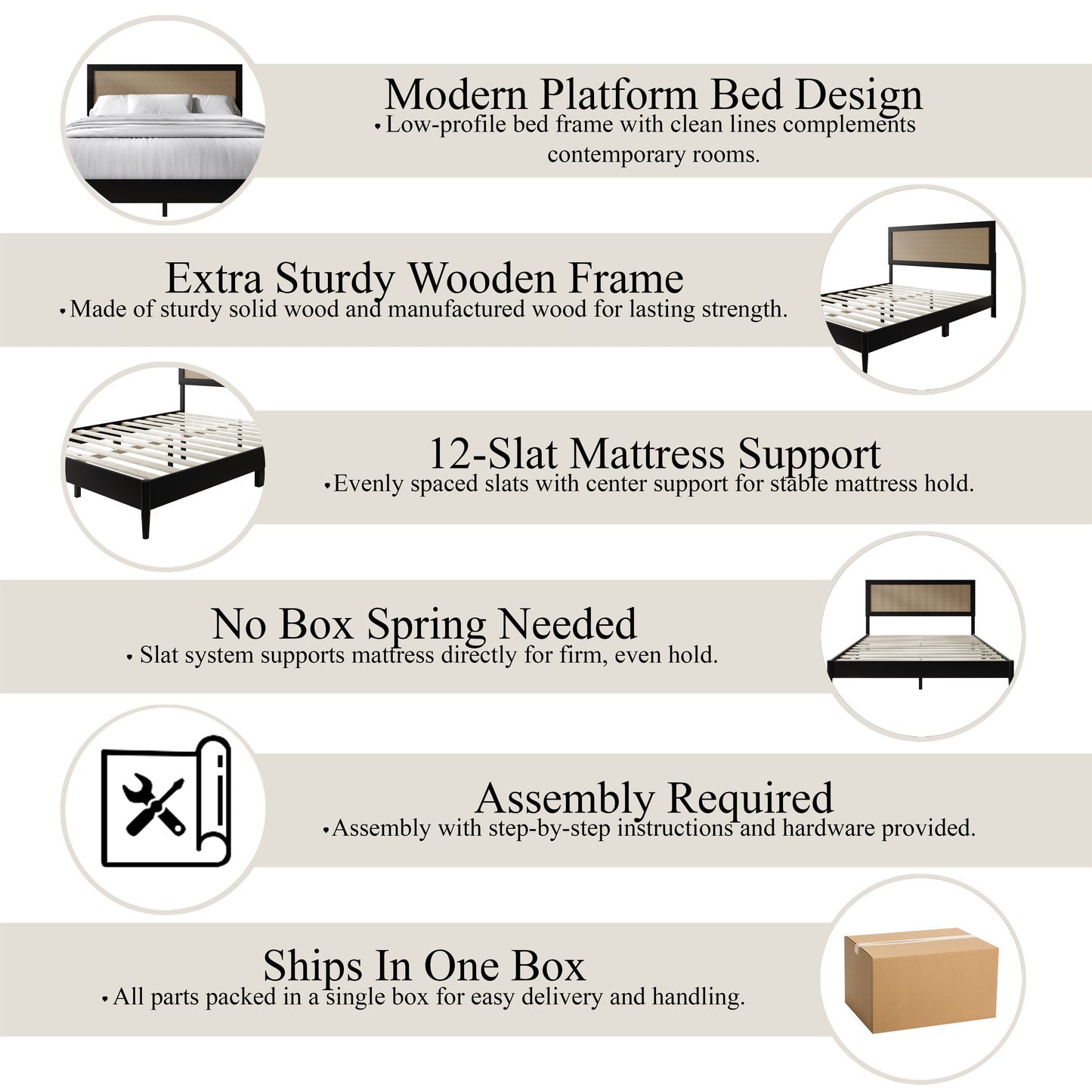 Wood Platform Bed with Cane Headboard
