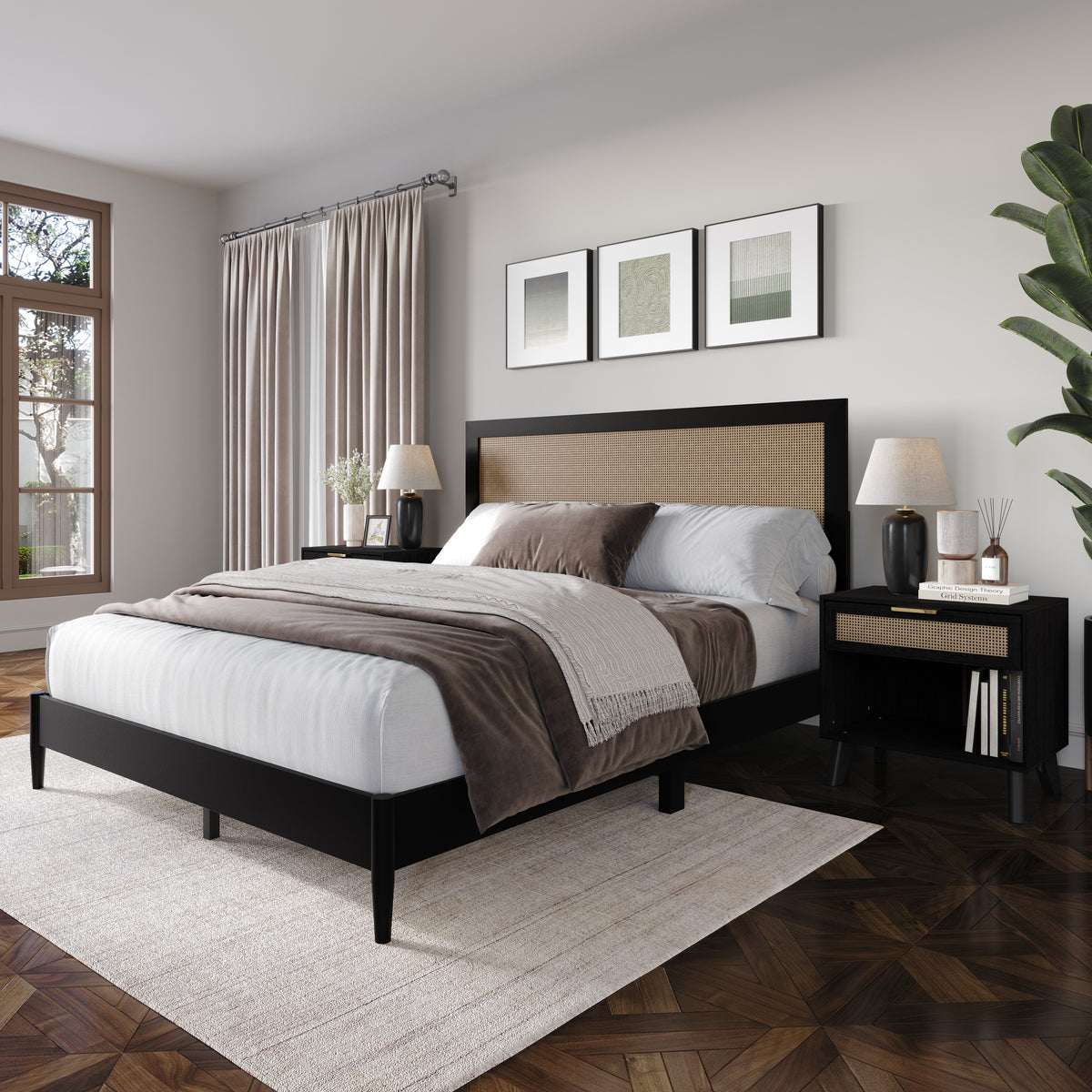 Wood Platform Bed with 2 Nightstands