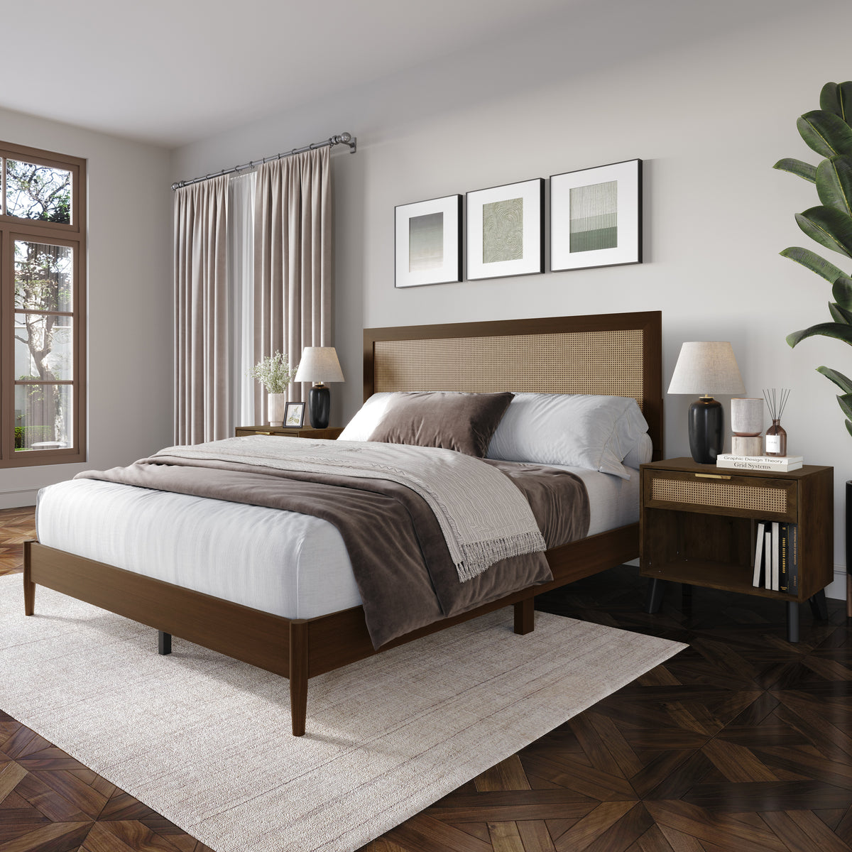 Wood Platform Bed with 2 Nightstands