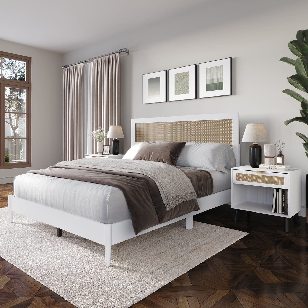 Wood Platform Bed with 2 Nightstands