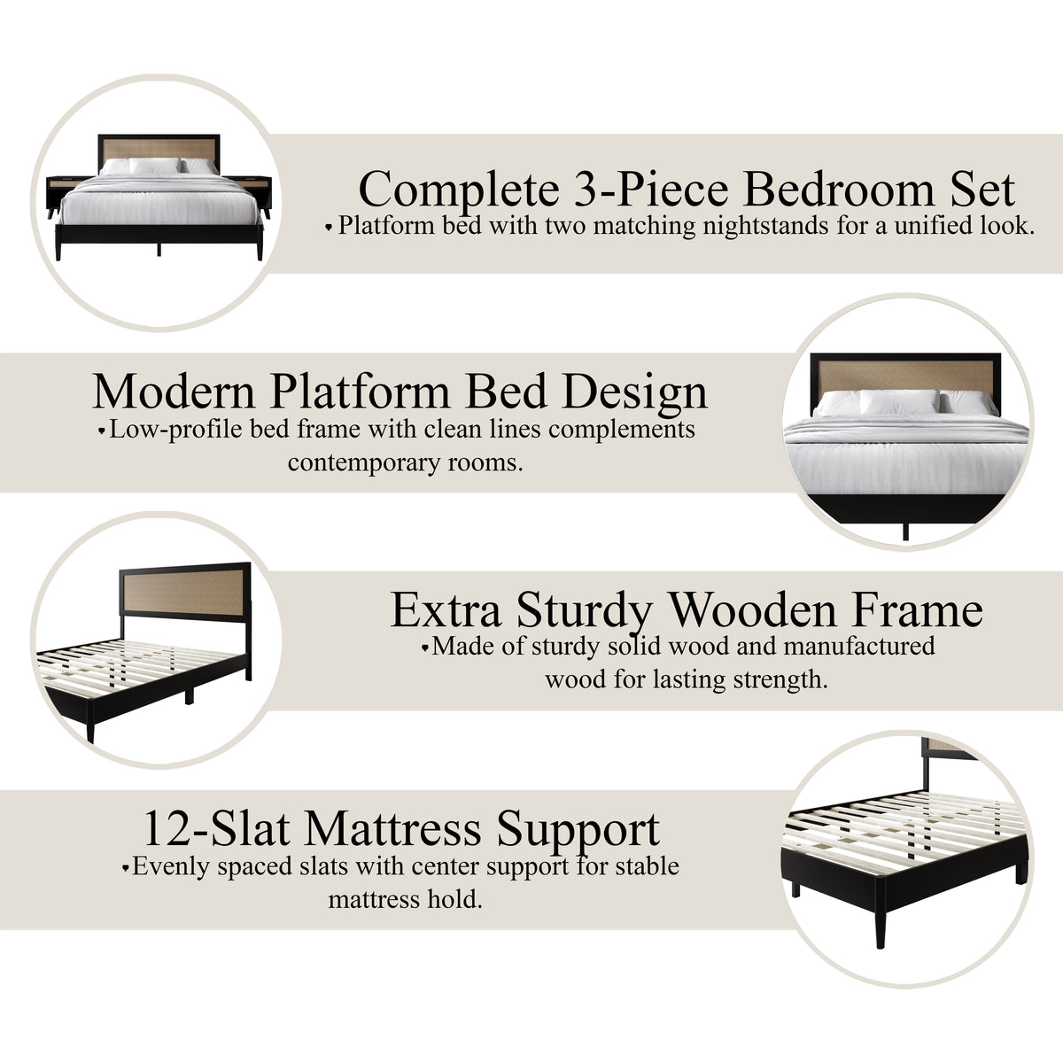 Wood Platform Bed with 2 Nightstands
