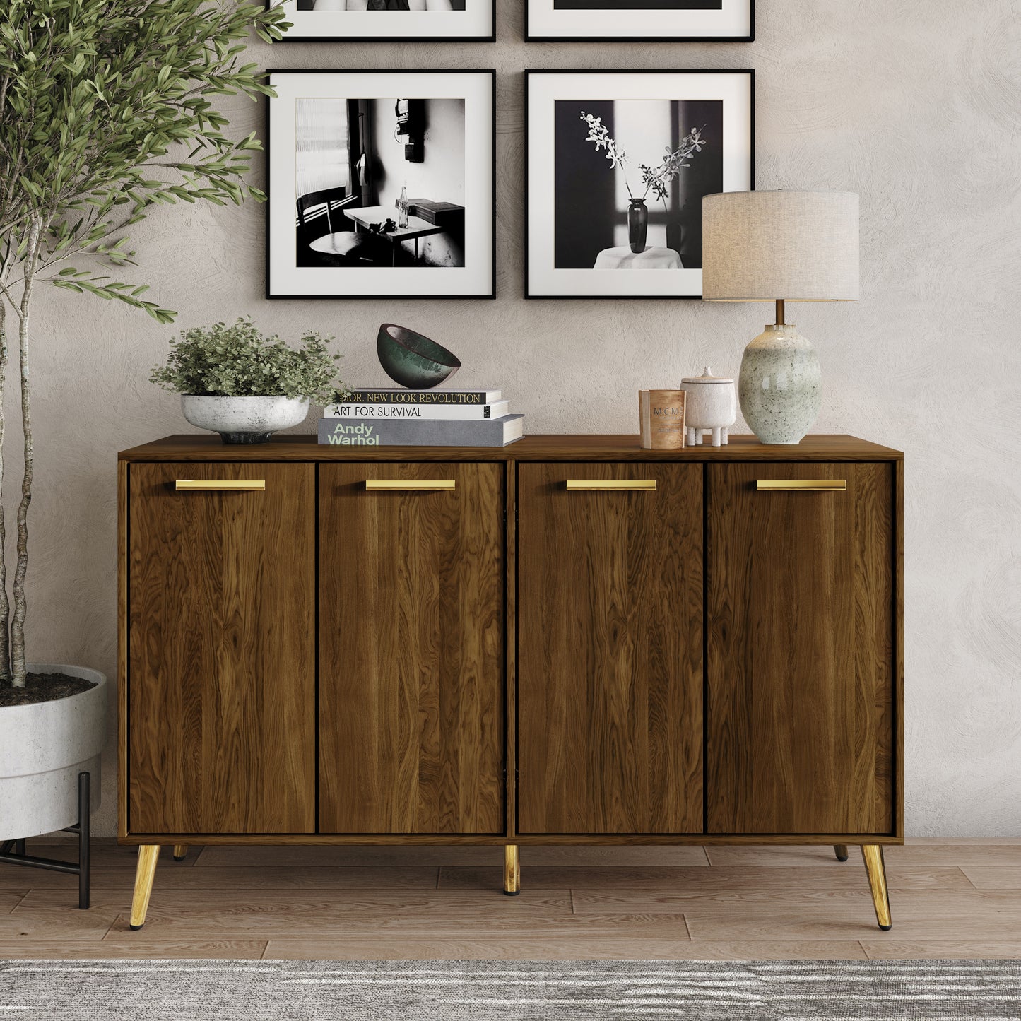 LuxeHaven Wood Sideboard with Gold Accents