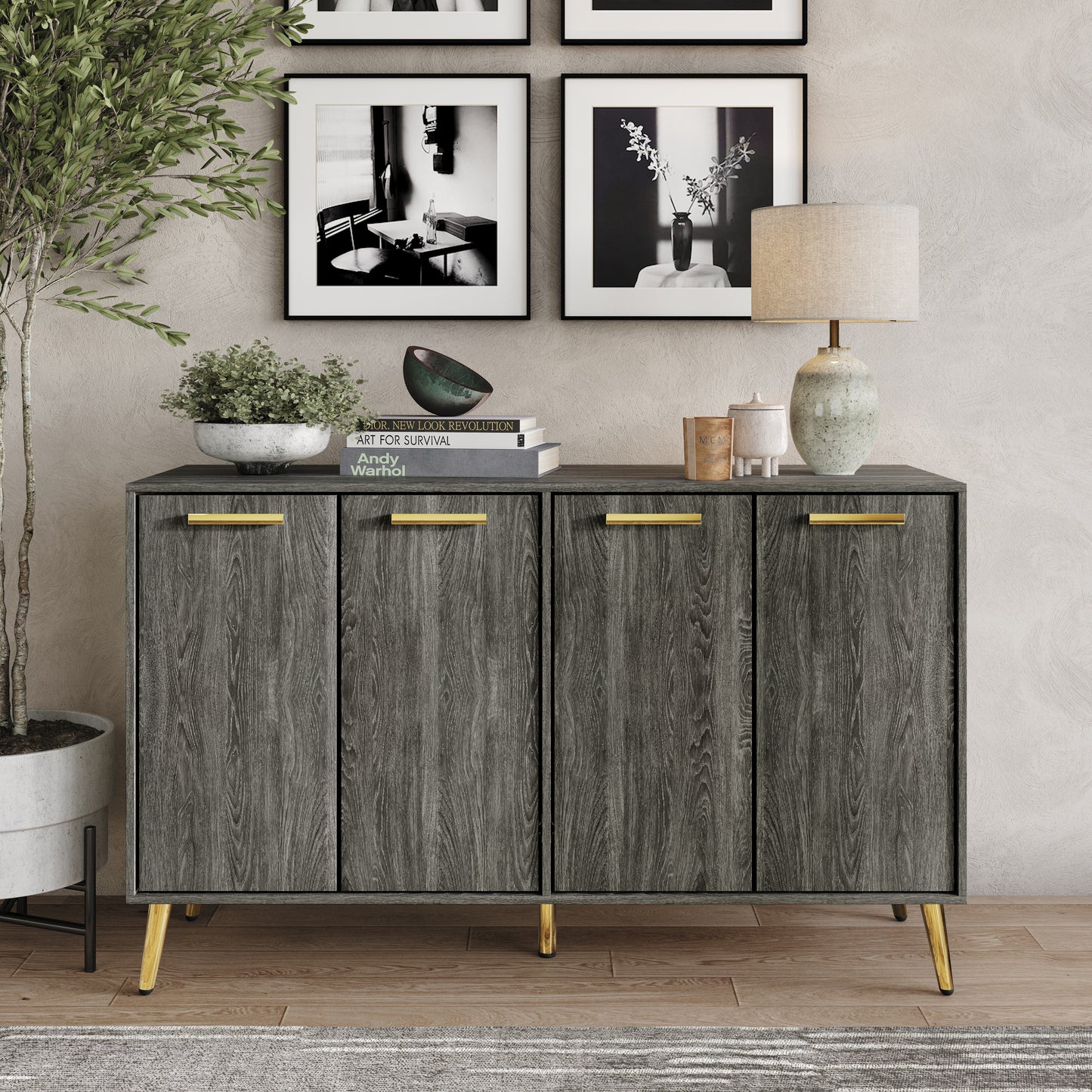 LuxeHaven Wood Sideboard with Gold Accents