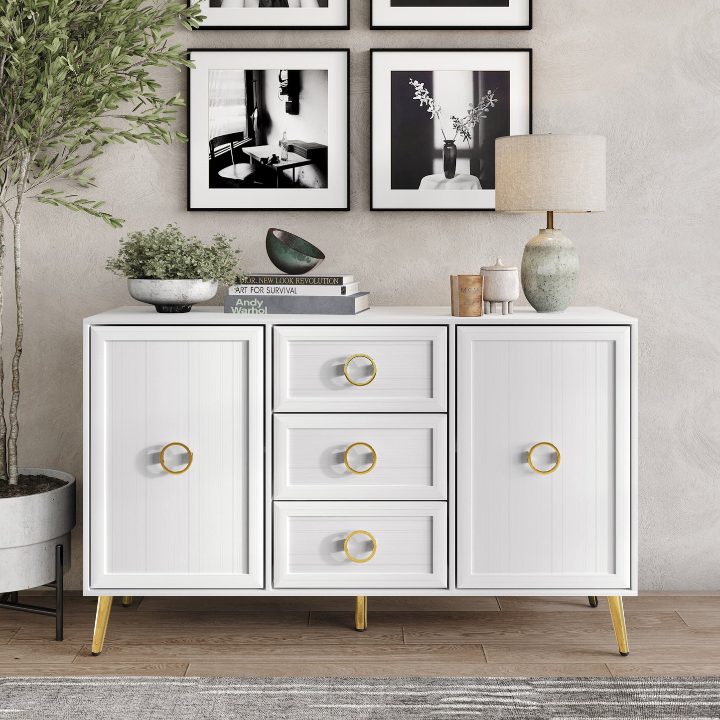 LuxeHavin Sideboard with Drawers & Gold Handles