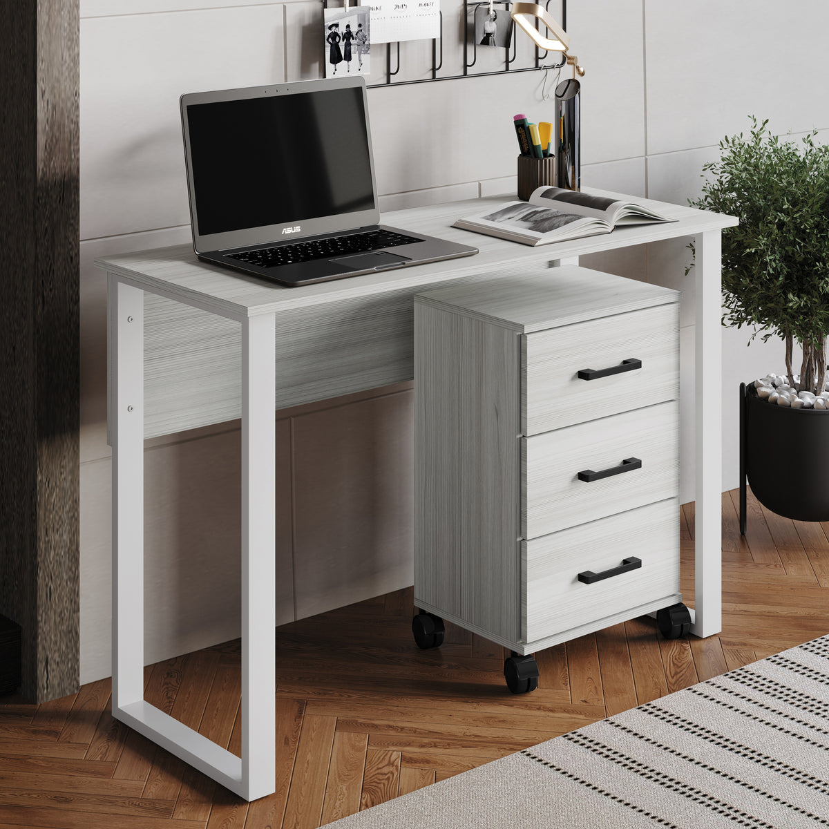 Siena 43-Inch 3-Drawer Mobile Pedestal Computer Desk
