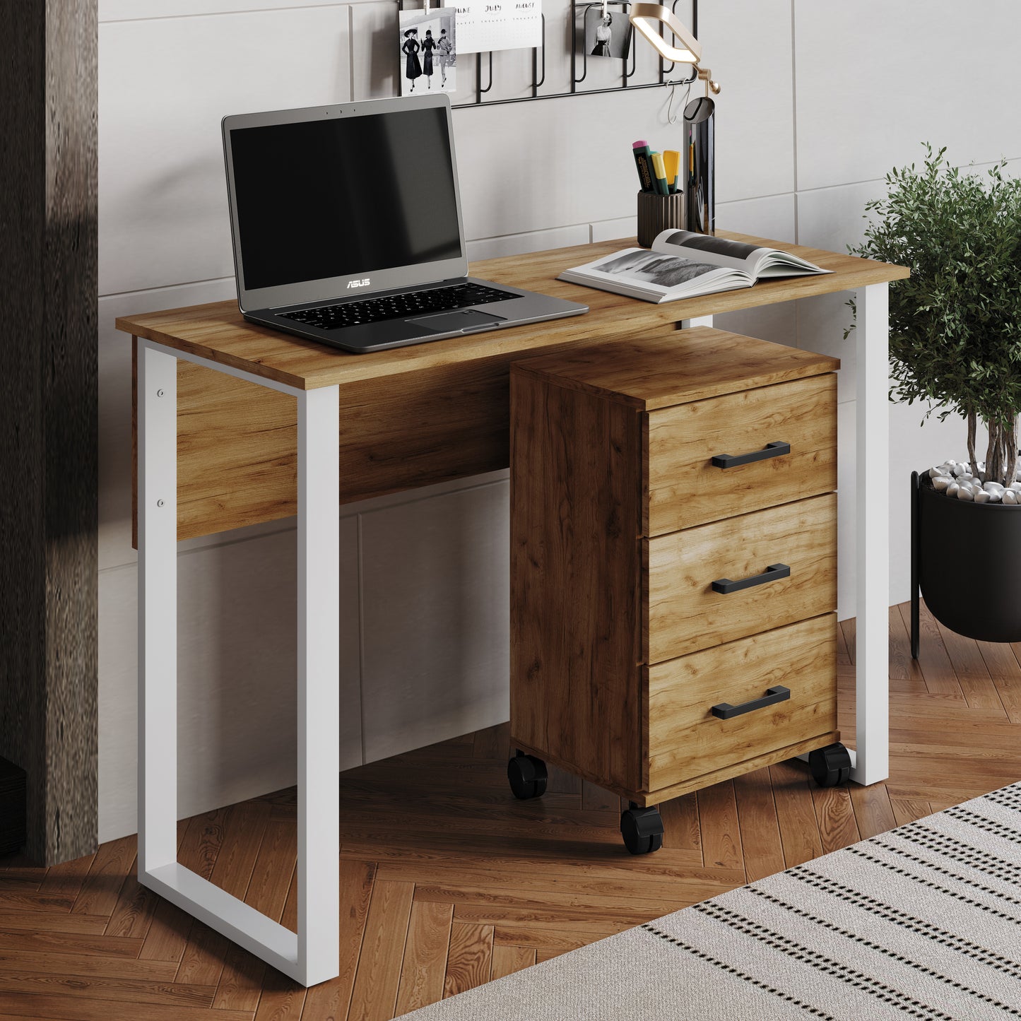 Siena 43-Inch 3-Drawer Mobile Pedestal Computer Desk