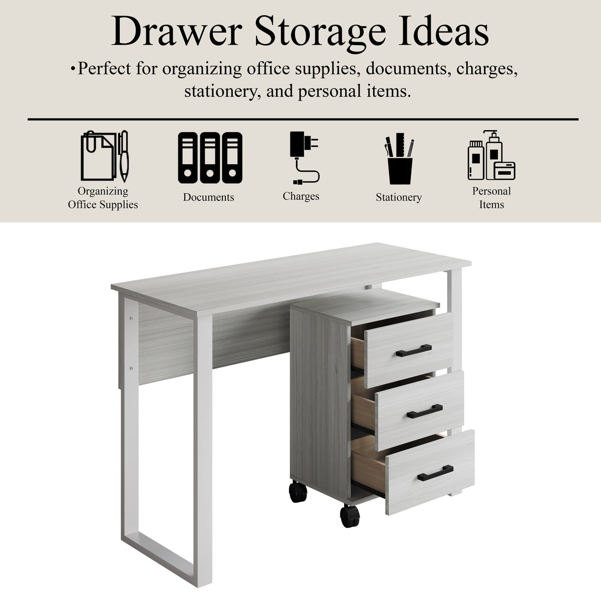 Siena 43-Inch 3-Drawer Mobile Pedestal Computer Desk
