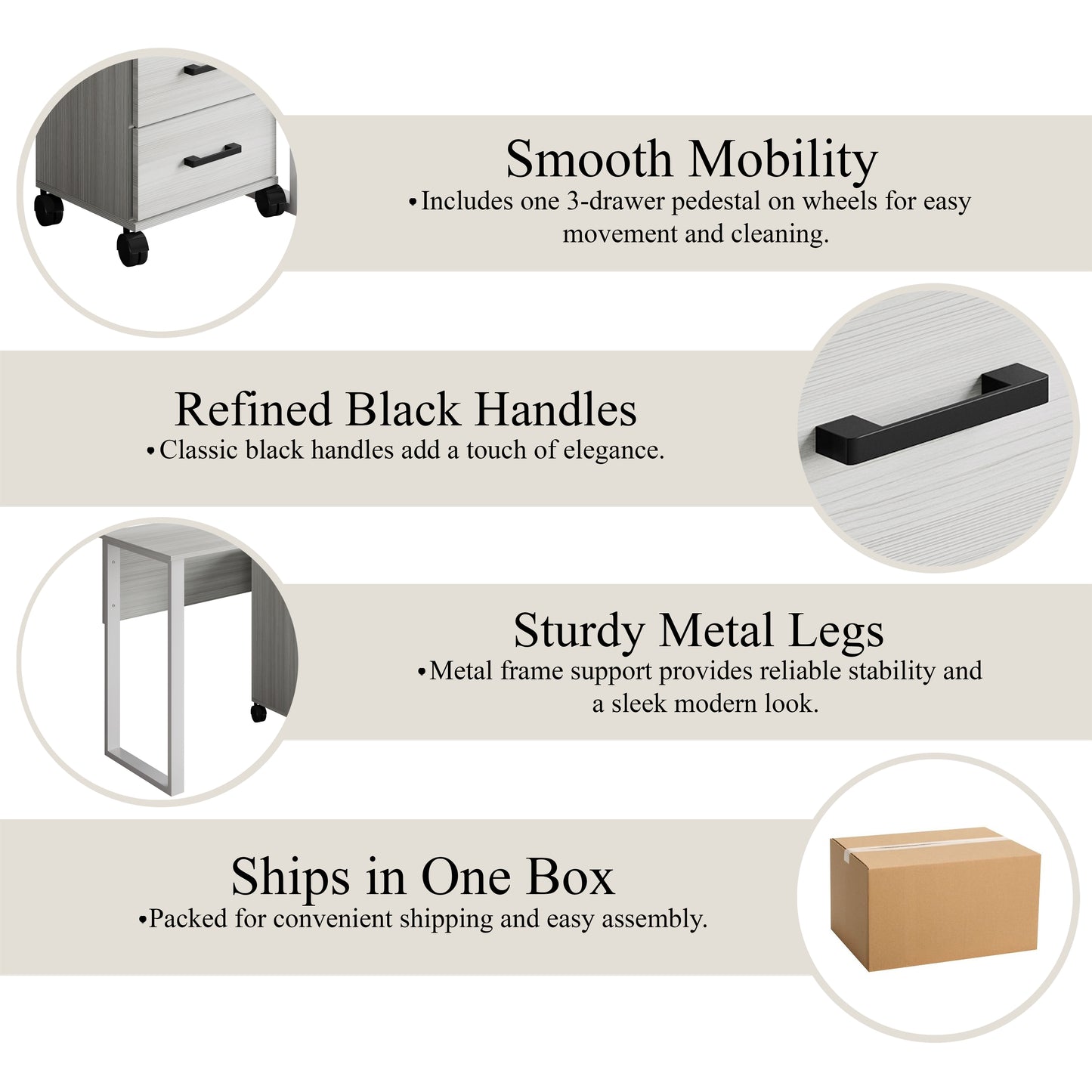 Siena 43-Inch 3-Drawer Mobile Pedestal Computer Desk