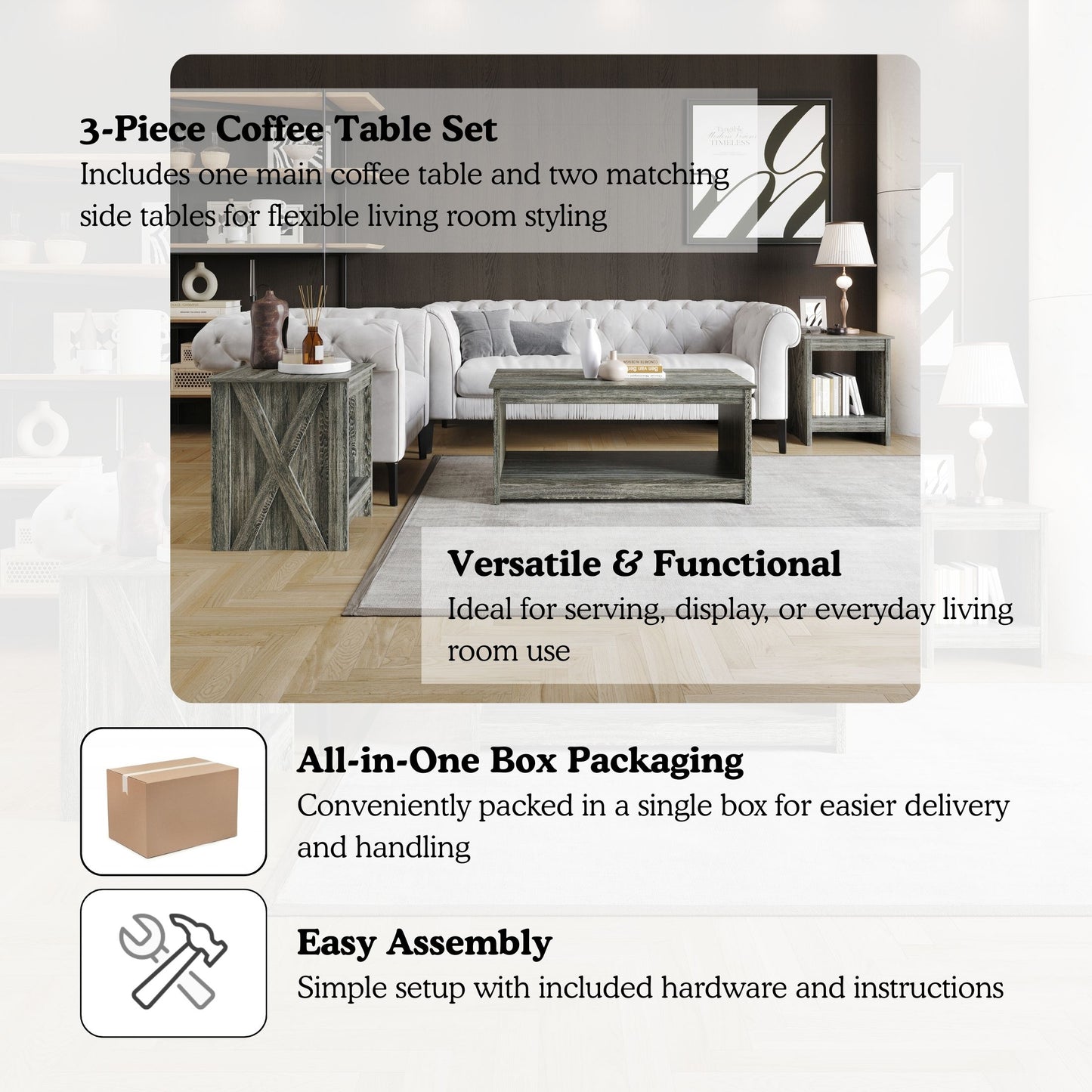 Orion 3-Piece X-Cross Coffee Table Set