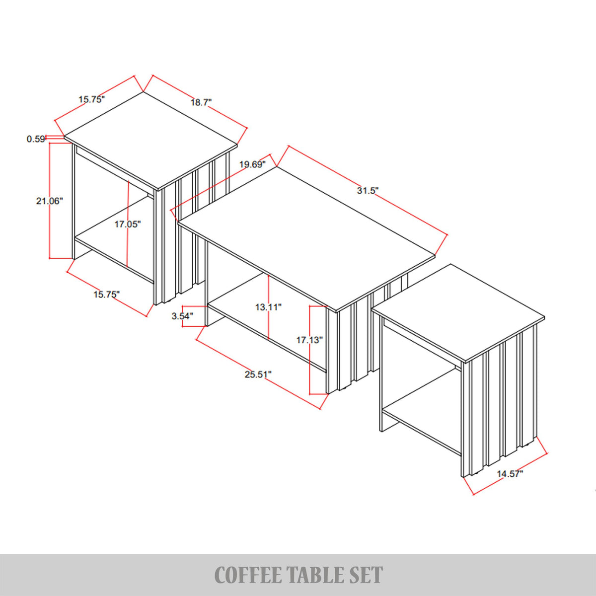 Norell 3-Piece Coffee Table Set with Storage Shelves