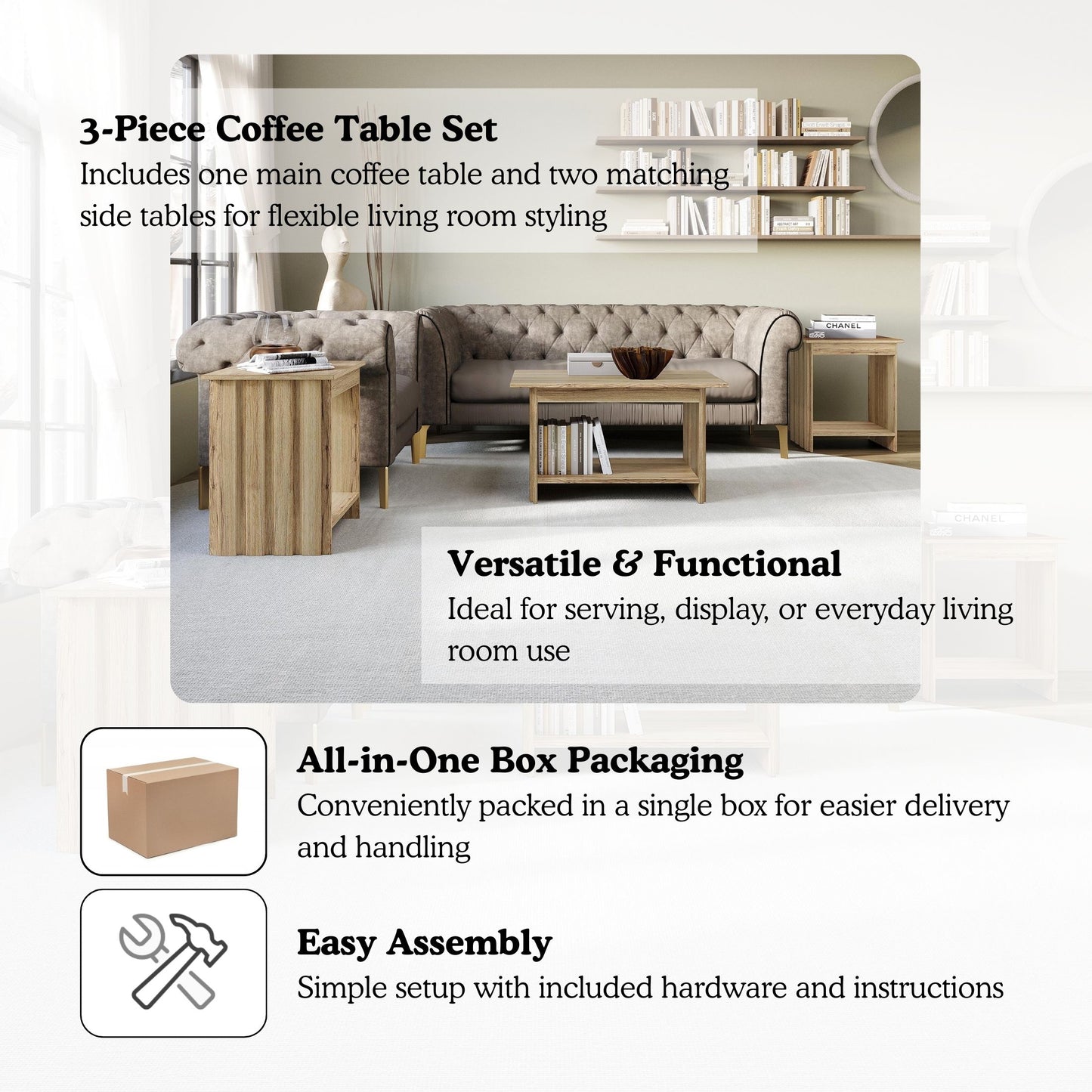 Norell 3-Piece Coffee Table Set with Storage Shelves