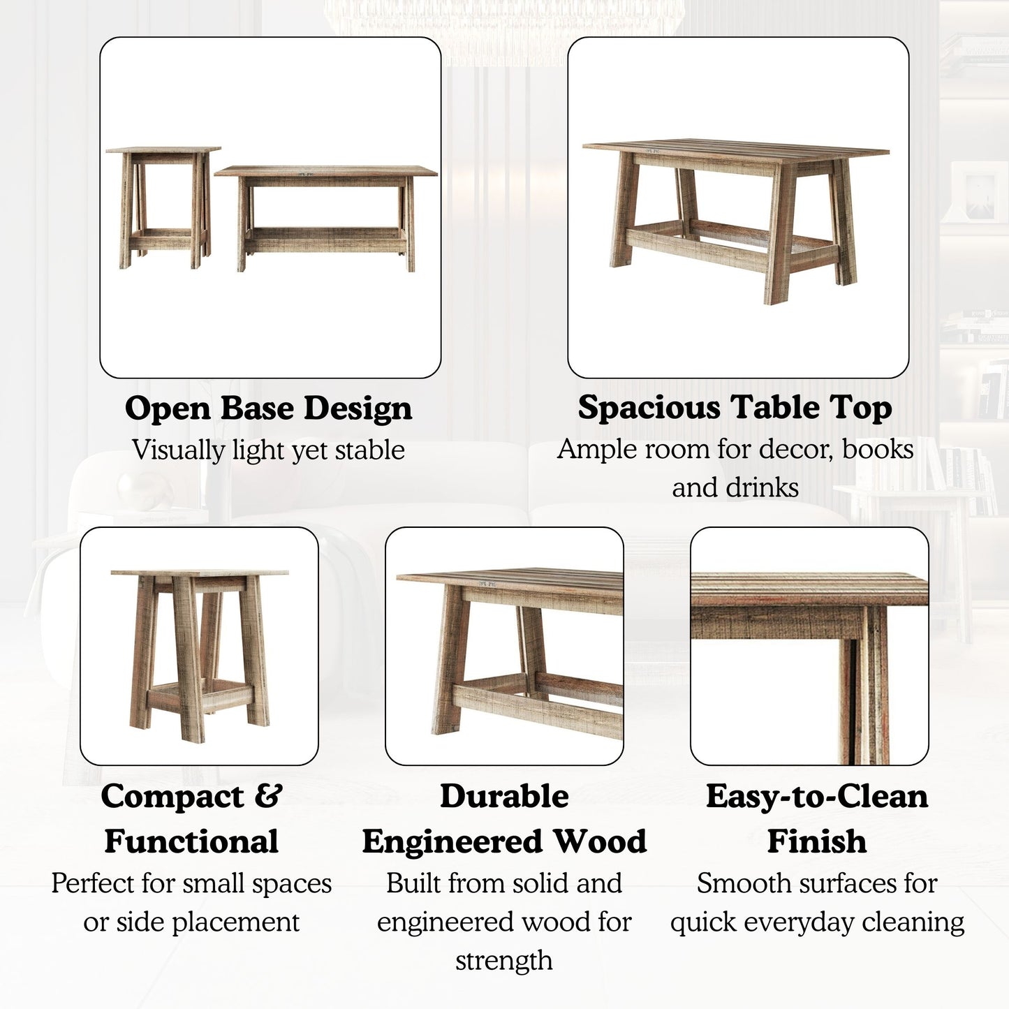 Veyra Modern Rustic Wood Table Set with Spacious Tabletops