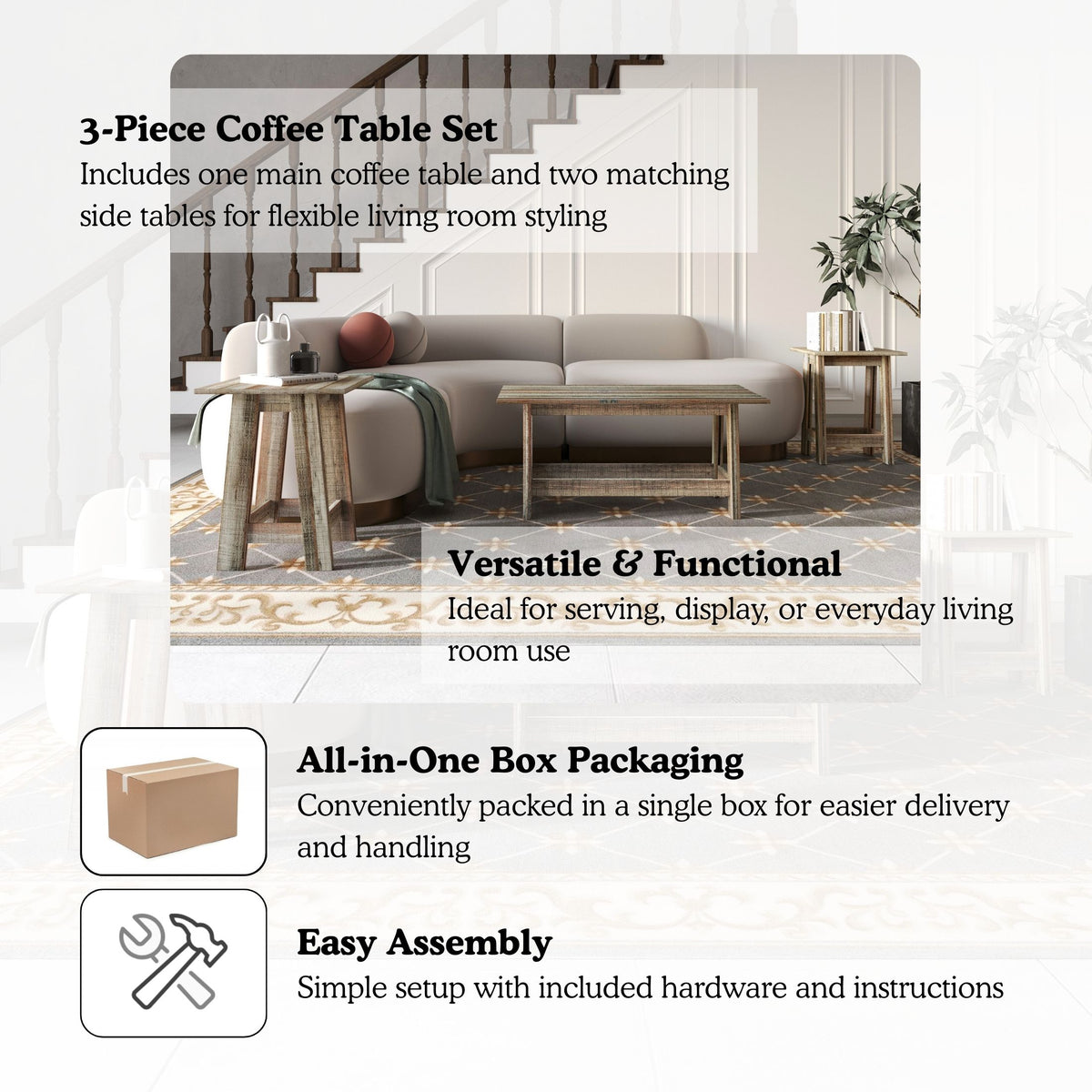 Veyra Modern Rustic Wood Table Set with Spacious Tabletops