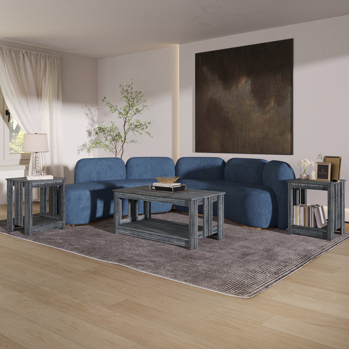 Elvara 3-Piece Modern Farmhouse Coffee Table Set with Storage Shelves