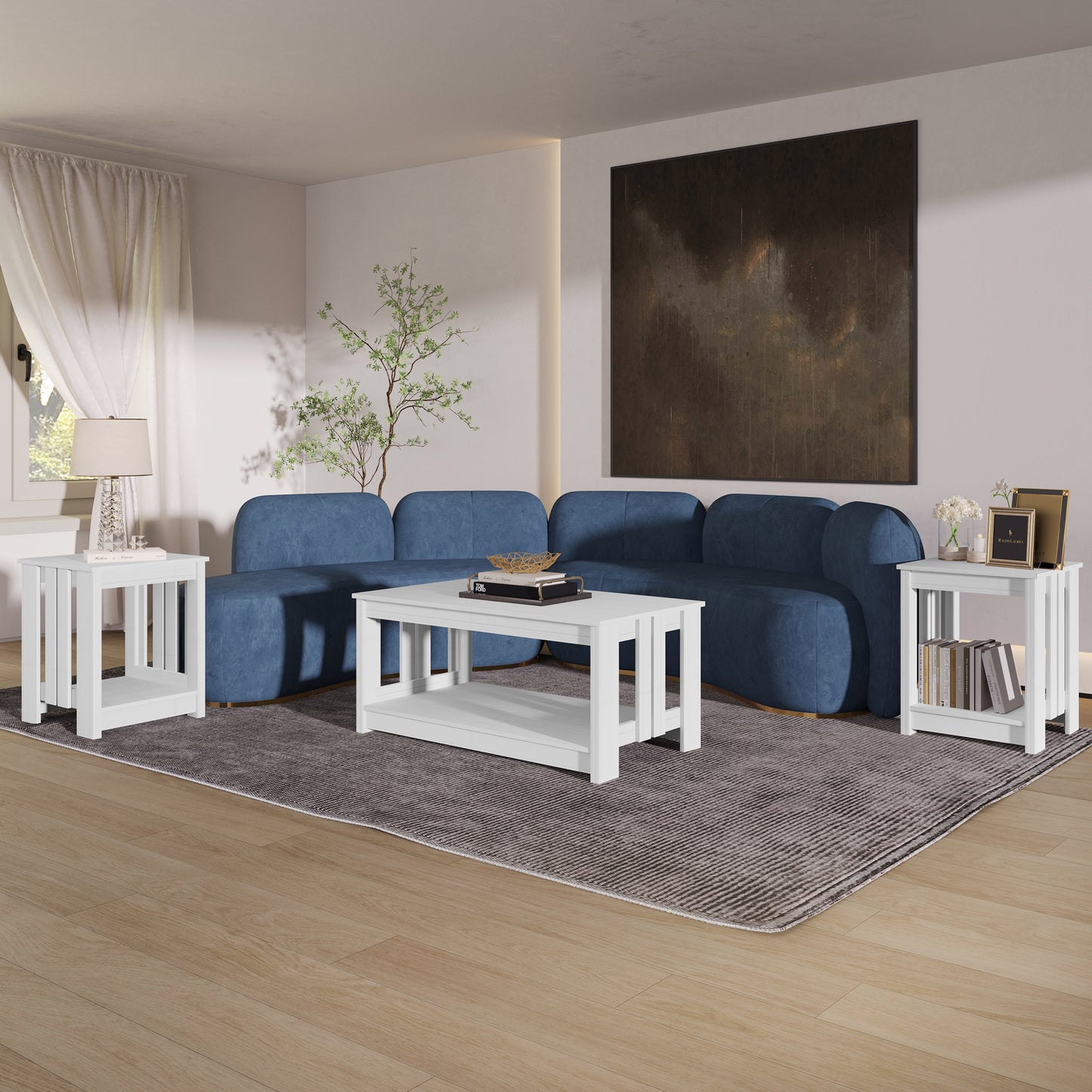 Elvara 3-Piece Modern Farmhouse Coffee Table Set with Storage Shelves