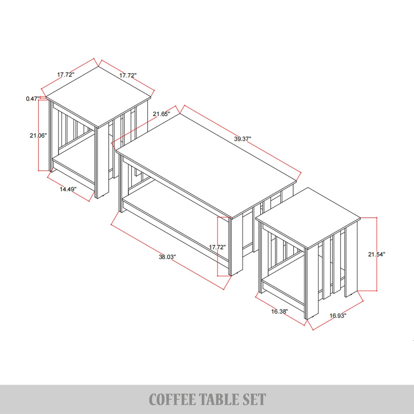 Elvara 3-Piece Modern Farmhouse Coffee Table Set with Storage Shelves