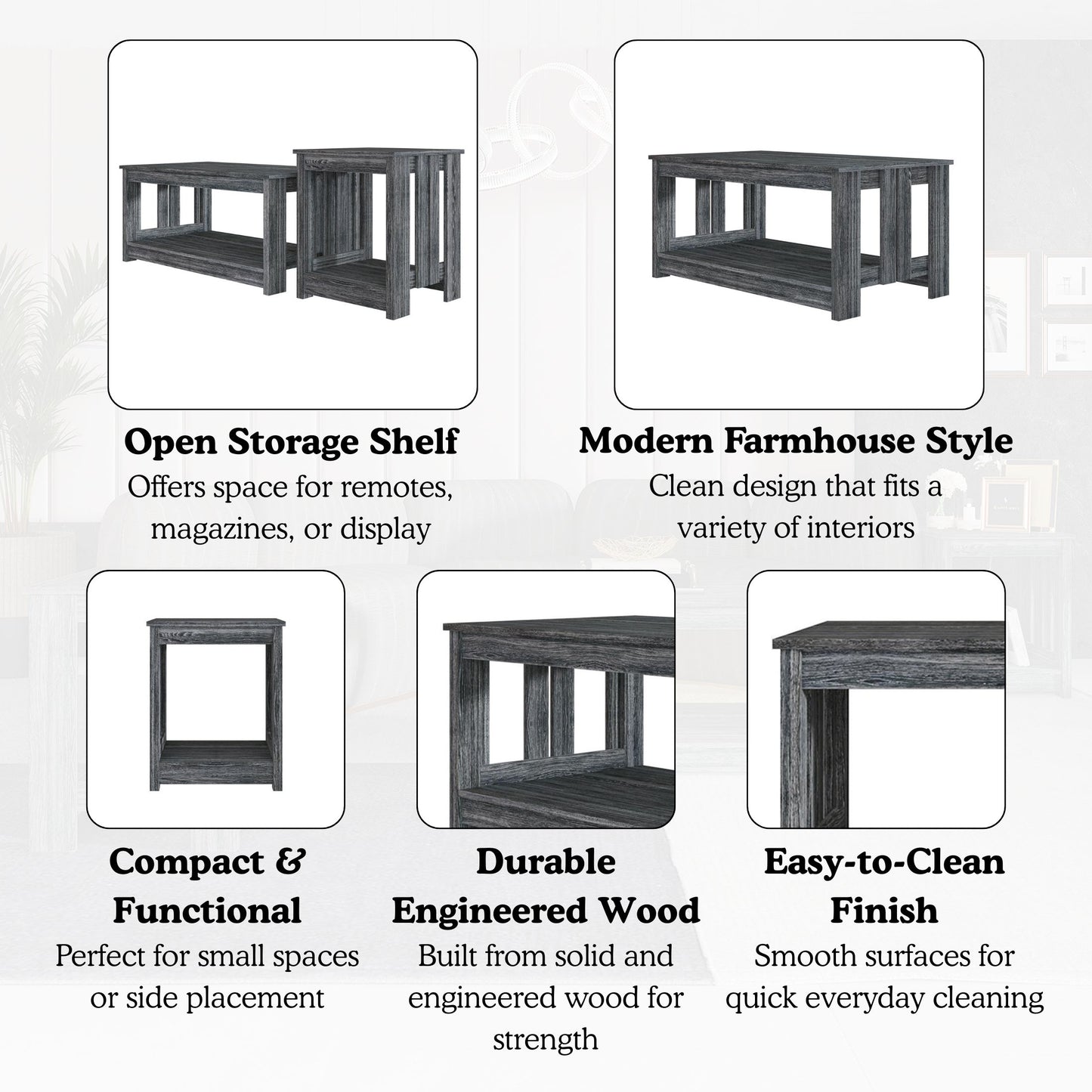 Elvara 3-Piece Modern Farmhouse Coffee Table Set with Storage Shelves
