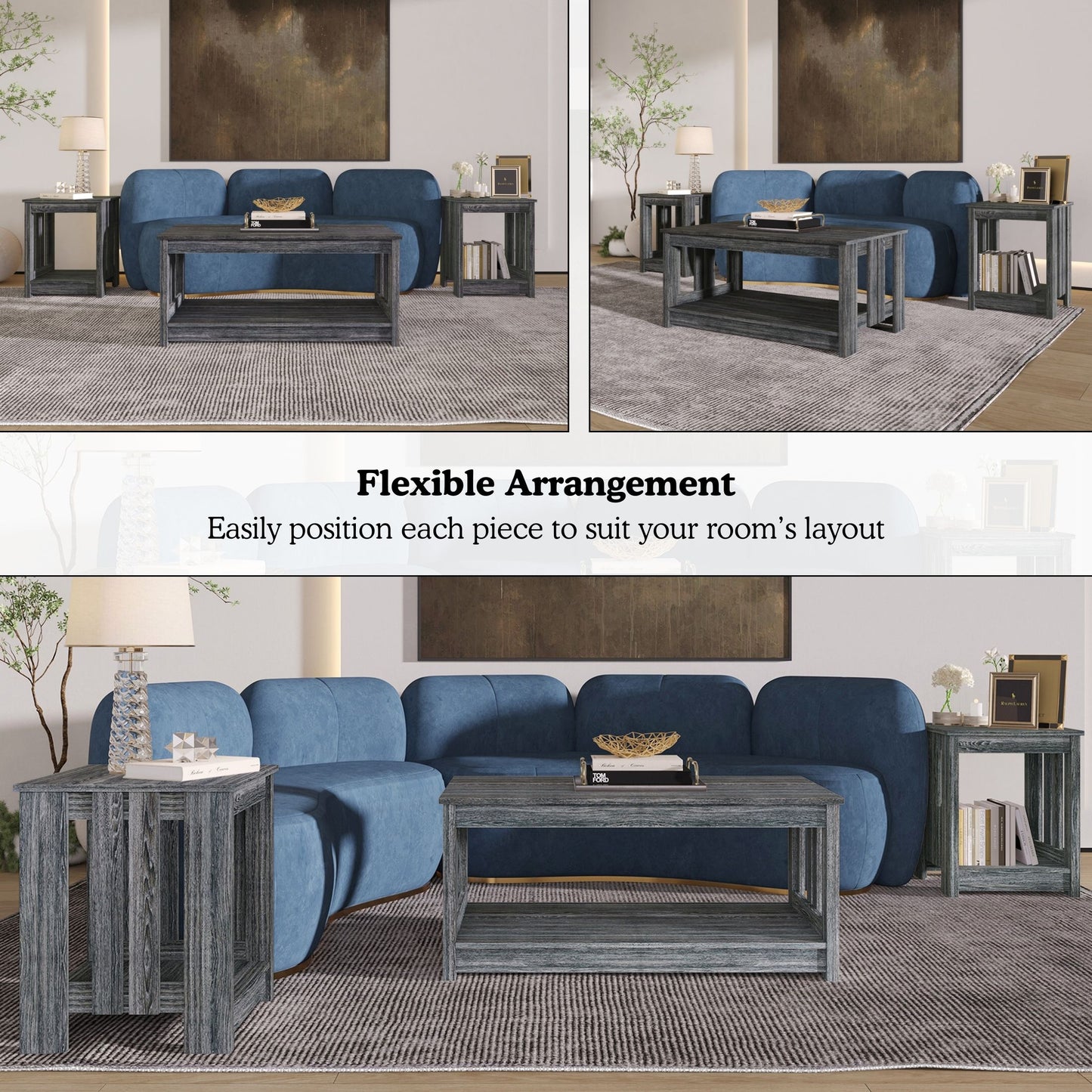 Elvara 3-Piece Modern Farmhouse Coffee Table Set with Storage Shelves